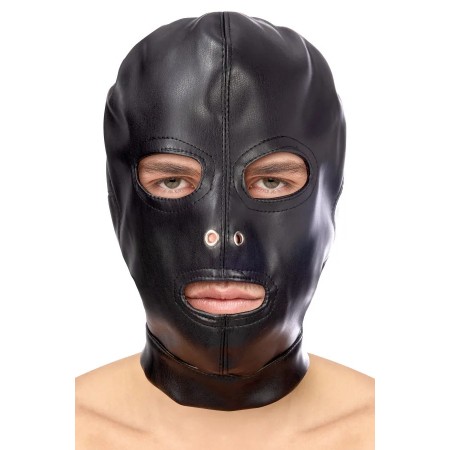 Cagoule fétichiste simili cuir noir sangle et lacet